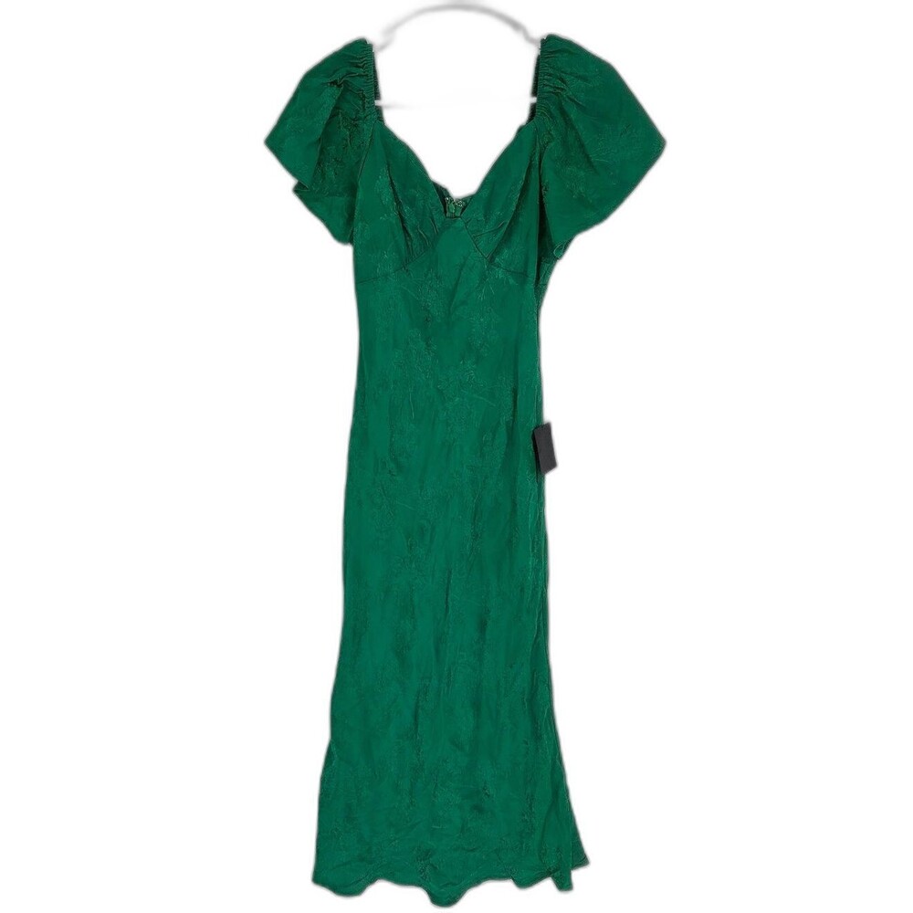 Lulus Womens Green Floral Satin Midi Dress Small Sweetheart Flutter Sleeve Lined